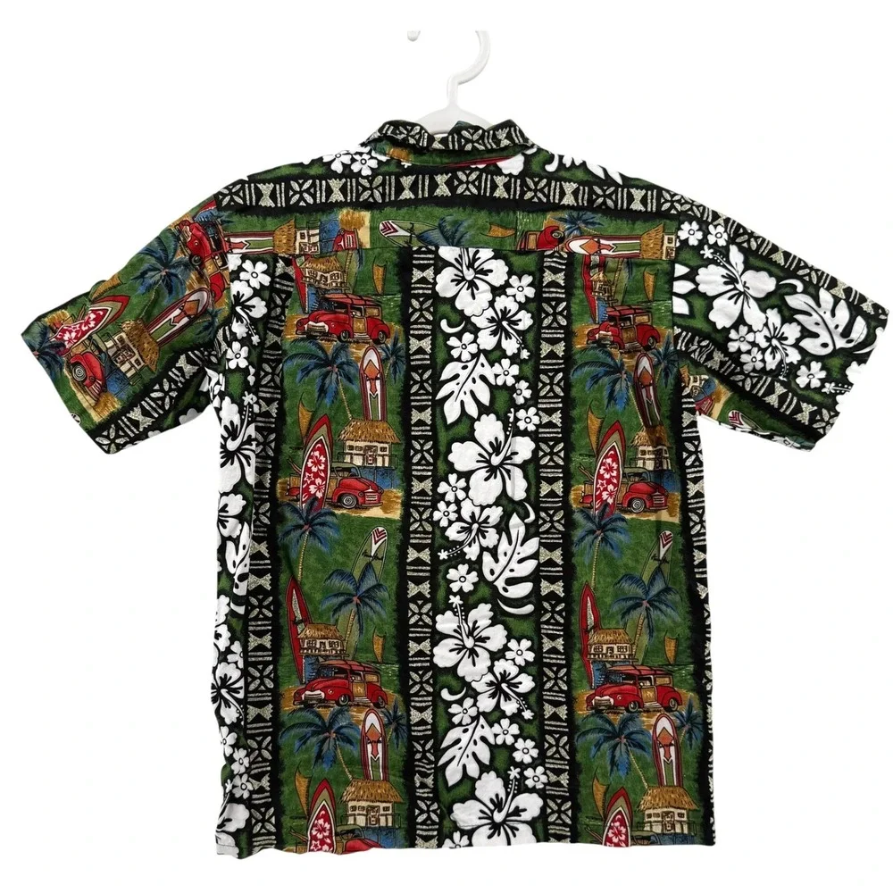 RJC Green Hawaiian Shirt Surfboard Woodie Car Tropical Style Kids Size 12 USA